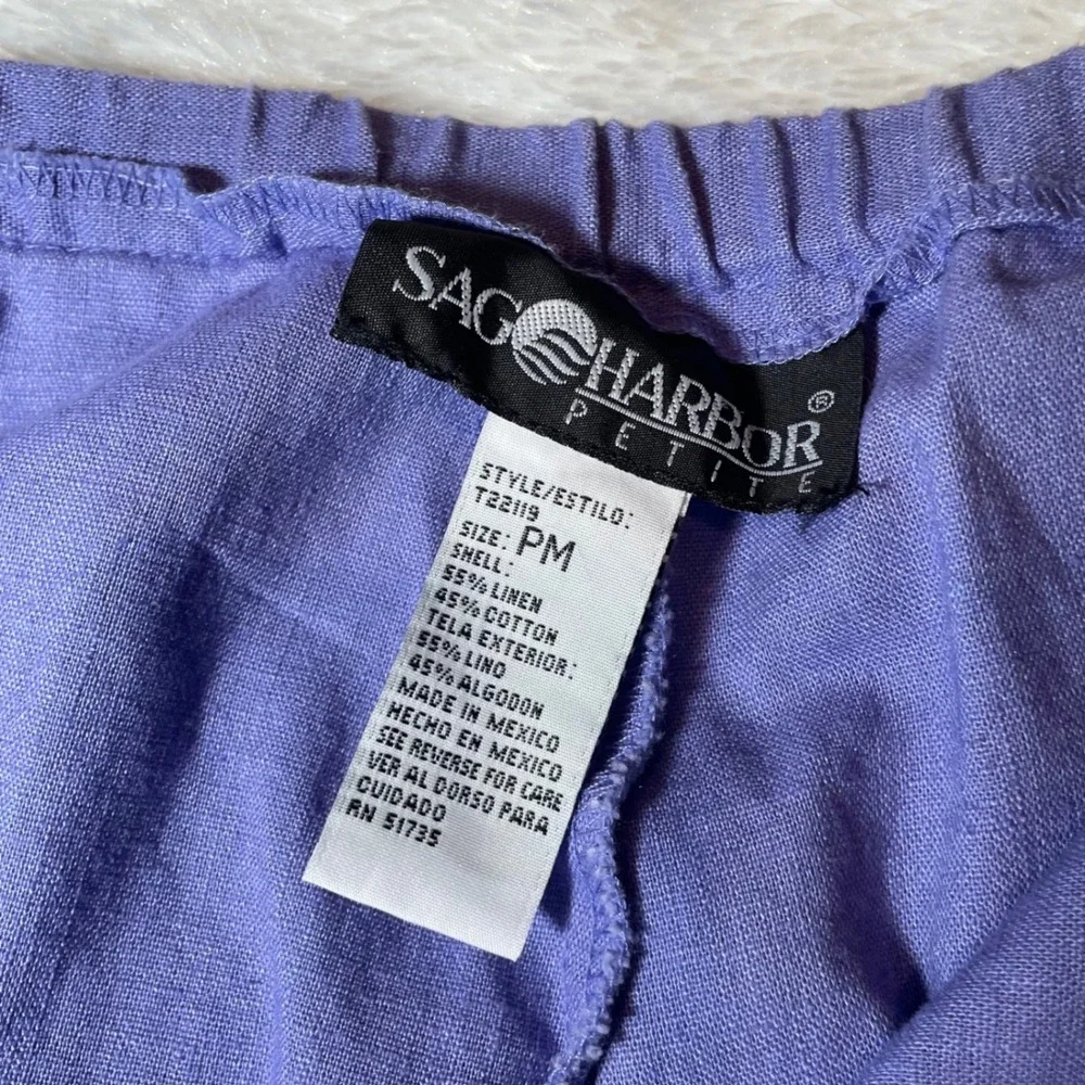 VTG Petite M Periwinkle Linen Blend Embroidered‎ Shirt and Pants Set Coastal Y2K